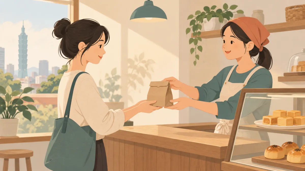 ベーカリーのカウンターでパイナップルケーキを渡す店員