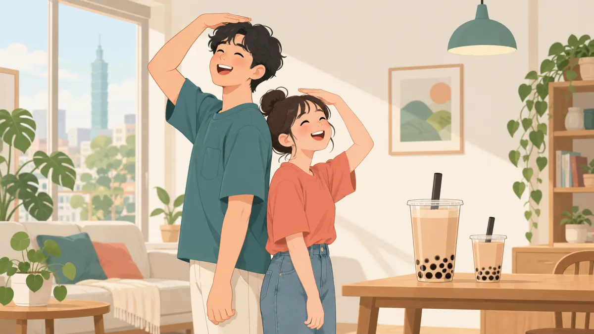 背比べをして笑う二人の友人と、大きさの違う二つのカップ