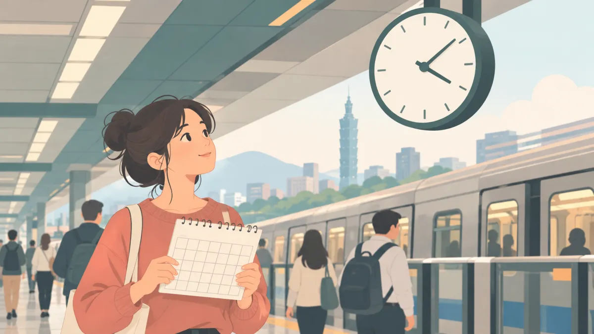 MRTのホームで時計を見上げる通勤客