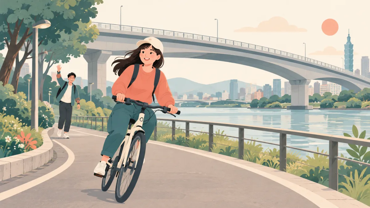 川沿いの道を自転車で曲がってくる人と、手を振る友人