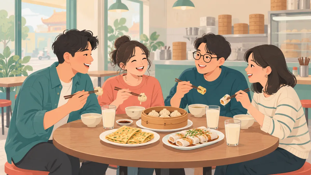 丸テーブルで朝ごはんを分け合う四人の友人